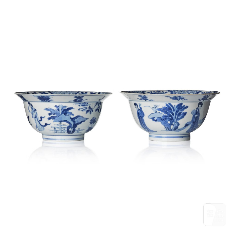 A pair of blue and white 'boys at play' bowls,